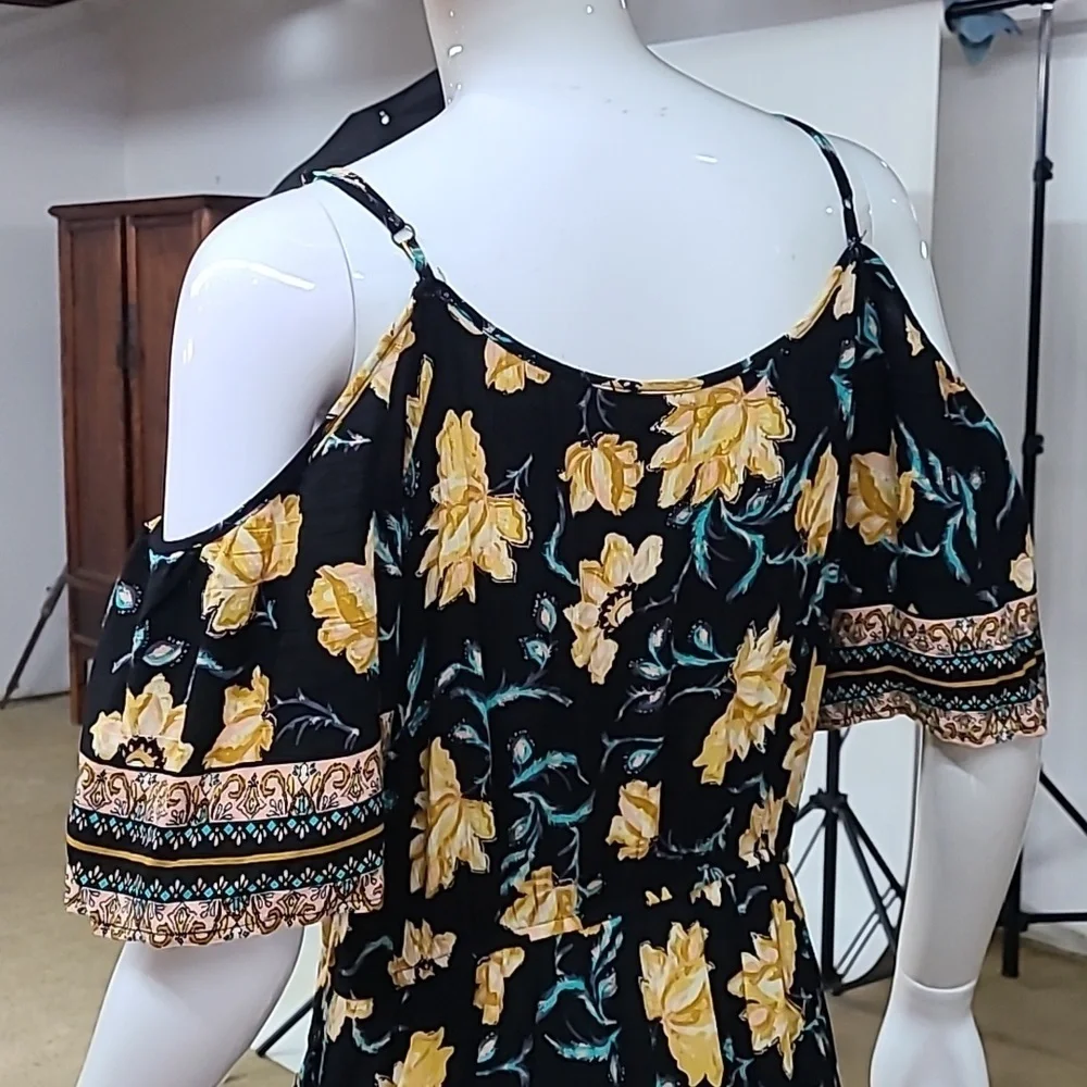 Xhilaration Cold Shoulder Yellow Black Floral V Neck Tassels Maxi Dress - Picture 6 of 12